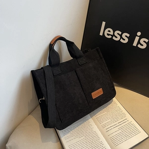 Large capacity black corduroy tote bag with wide strap for women crossbody daily use