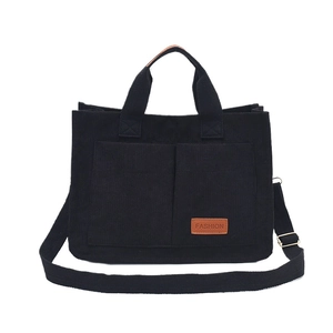 Large capacity black corduroy tote bag with dual handles and adjustable shoulder strap
