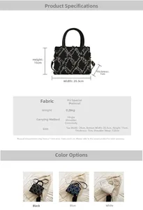 Detailed view of quilted faux leather handbag with frayed edges and dimensional measurements