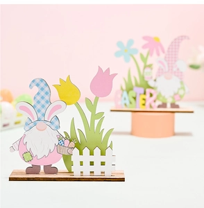 Detailed view of Easter gnome wooden tabletop ornament with rabbit ears and tulips