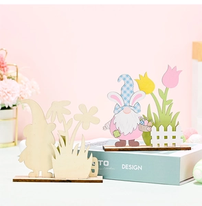 Detail of laser cut and printed wooden Easter gnome desktop decorations on display