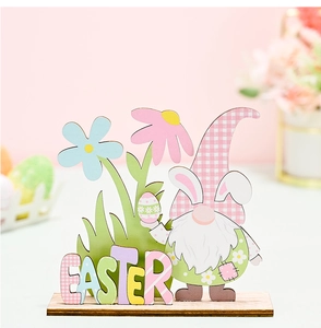 Close-up of wooden Easter gnome table centerpiece with 3D layered pastel letters