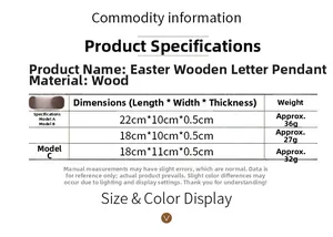 Detailed size chart and specifications for Easter wooden rabbit and egg hanging ornaments