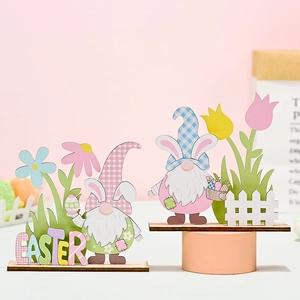 Easter Wooden Gnome Desktop Ornament Bunny Ears Table Decor With Easter Lettering Tulip Flower For Holiday Home Decoration