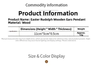 Easter Rudolph bunny ear wooden pendant detail showing dimensions of 11cm x 5cm x 0.5cm