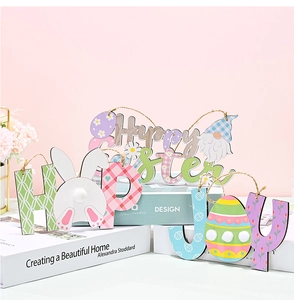 Detail of colorful wooden Easter hanging ornaments with Happy Easter and bunny designs