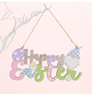 Close-up of wooden Happy Easter hanging sign with colorful gnomes and floral egg details