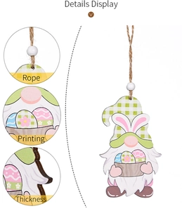 Detail display of wooden Easter gnome showing rope texture, printing and thickness