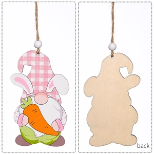 Detail view of wooden Easter gnome hanging ornament showing front print and back wood grain