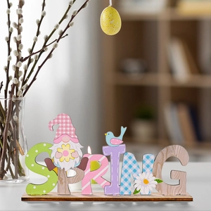 Décoration de table de Pâques en bois SPRING avec gnome et fleurs pour intérieur printanier