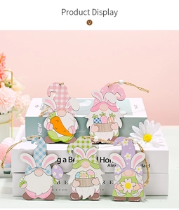 Set of 5 pastel Easter gnome wooden hangers with rabbit ears and daisy floral details