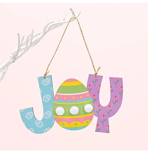 Easter JOY wooden ornament with colorful egg design and white pom-poms on branches
