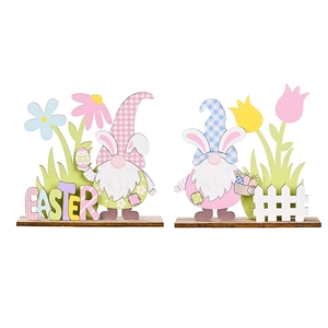 Two-piece Easter wooden gnome tabletop decor with colorful eggs and flower patterns