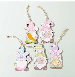 Detailed view of colorful wooden Easter gnome pendants with bunny ears and jute strings