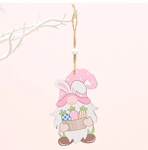 Close-up of Easter gnome wood pendant with rabbit ears and colorful carrots basket