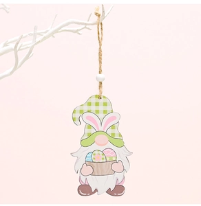Close-up of wooden Easter gnome hanging ornament with green plaid hat and rabbit ears