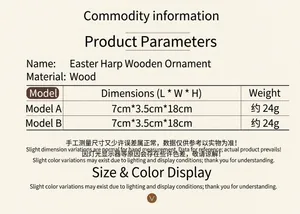 Detailed size chart for vertical Easter wooden ornaments showing dimensions and weight