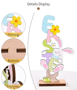 Detail display of wooden Easter letter sign showing printing, base slot and board thickness