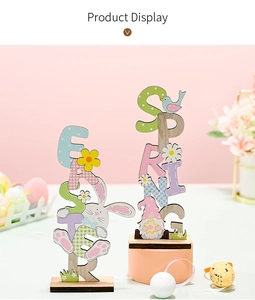 Detailed view of wooden Easter and Spring vertical table signs with rabbit and gnome graphics