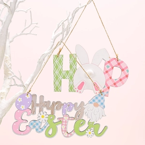 Wooden Easter hanging ornaments with HOP sign, bunny motif, and Happy Easter gnome design