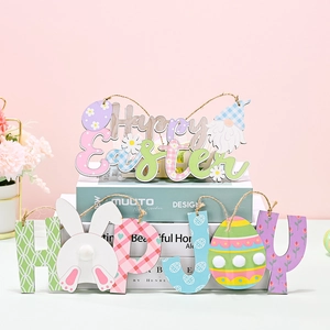 Wooden Happy Easter gnome and egg ornaments set with pastel colors and hanging jute ropes
