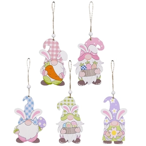 Set of five Easter wooden gnome ornaments with bunny ears and colorful checkered patterns
