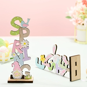 Vertical wooden Spring sign with gnome, bird, and daisy motifs for Easter table decoration