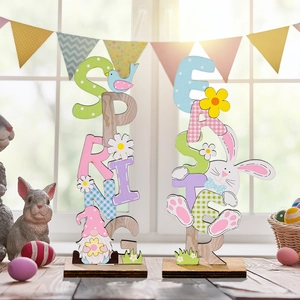 Vertical wooden Easter and Spring letter signs with rabbits and gnomes for table decor
