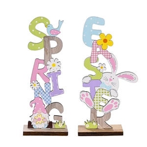 Wooden vertical Easter and Spring signs with gnome, rabbit and colorful letters