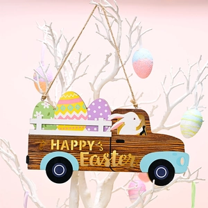 Detailed view of an Easter wooden truck hanging sign with rabbit and colorful eggs