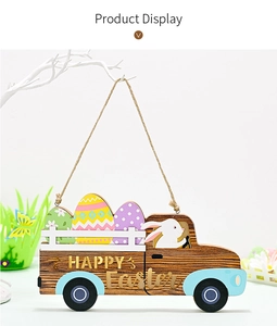 Detail of wooden Easter truck sign with colorful eggs and Happy Easter text