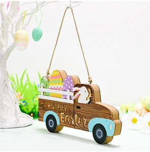 Close-up of wooden Easter truck sign with Happy Easter engraving and bunny eggs decoration