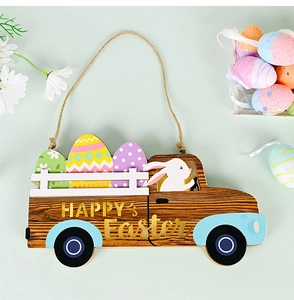 Detail of wooden Easter car sign featuring a white bunny, colored eggs, and HAPPY Easter text