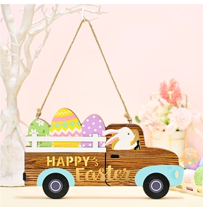 Detail of wooden Easter truck sign with Happy Easter text and colorful eggs