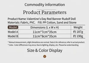 Detailed size chart for Valentine's Day plush faceless gnome with material specifications