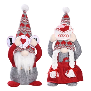 Valentine's Day plush gnomes set featuring red hats and I LOVE U signs on white background