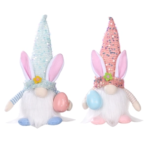 Leuchtende Ostergnome im Set mit Pailletten-Hasenohren und bunten gepunkteten Eiern
