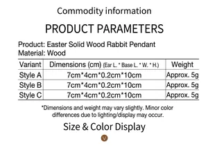 Size chart for Easter wooden bunny pendants with dimensions and material specifications