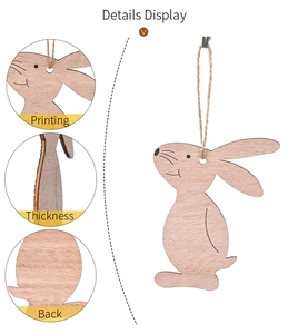 Detail showing laser-cut wood Easter bunny thickness, printed face, and hemp rope texture