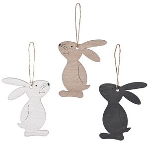 Three-piece minimalist wooden Easter bunny hanging ornaments in white, natural, and grey colors