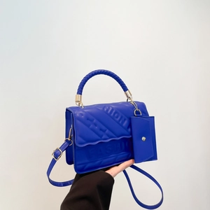 Chic Klein Blue PU leather square handbag with embossed fashion text and mini pouch