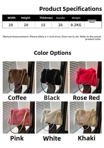 Detailed size chart and six color options for the autumn plush tote handbag