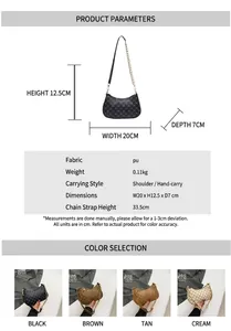 Detailed size chart of a quilted PU leather crossbody bag with chain strap and dimensions