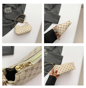 Detailed views of beige monogram crossbody bag with chain strap and gold hardware