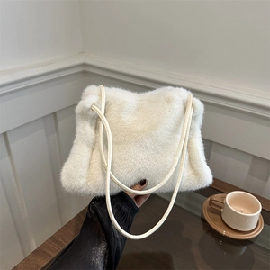 Chic off-white faux fur shoulder bag with soft plush texture for stylish autumn wear