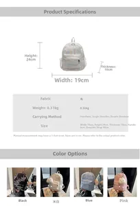 Size guide for compact school backpack showing 24x19x10cm dimensions and colors