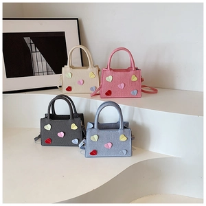 Stylish square handbags with colorful 3D heart patches in four elegant colors