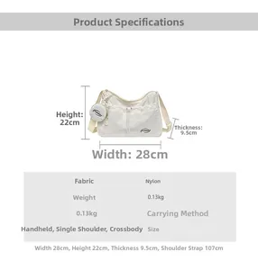 Detailed size specifications and interior capacity for the white nylon crossbody bag