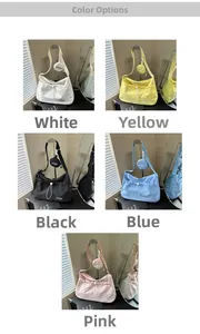 Detail view of stylish drawstring dumpling bags in five colors with round coin purses