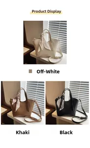 Détails de sacs seaux élégants en cuir grainé avec poignée ornée d'un foulard en soie